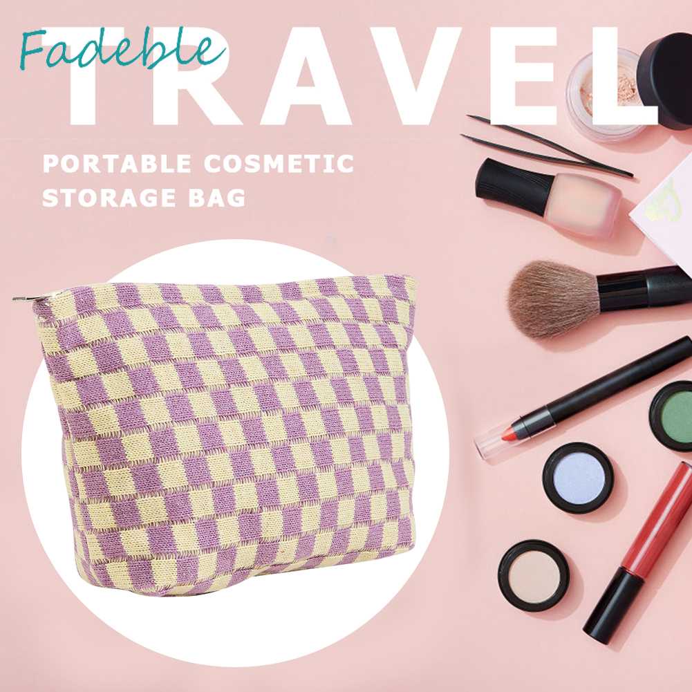 Túi Đựng Mỹ Phẩm Sức Chứa Lớn Họa Tiết Sọc Caro Xinh Xắn Tiện Dụng