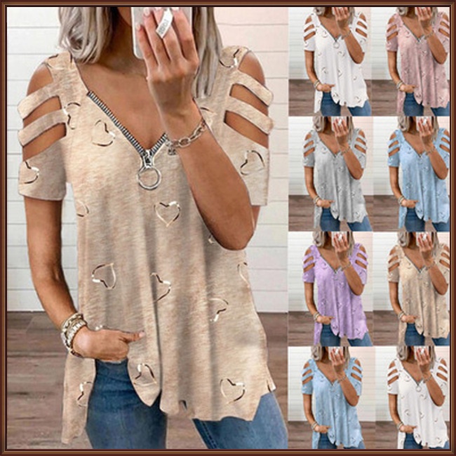 Áo Thun Tay Ngắn Cổ Chữ V Dáng Rộng Có Khóa Kéo In Họa Tiết Tinh Tế Thời Trang Cho Nữ