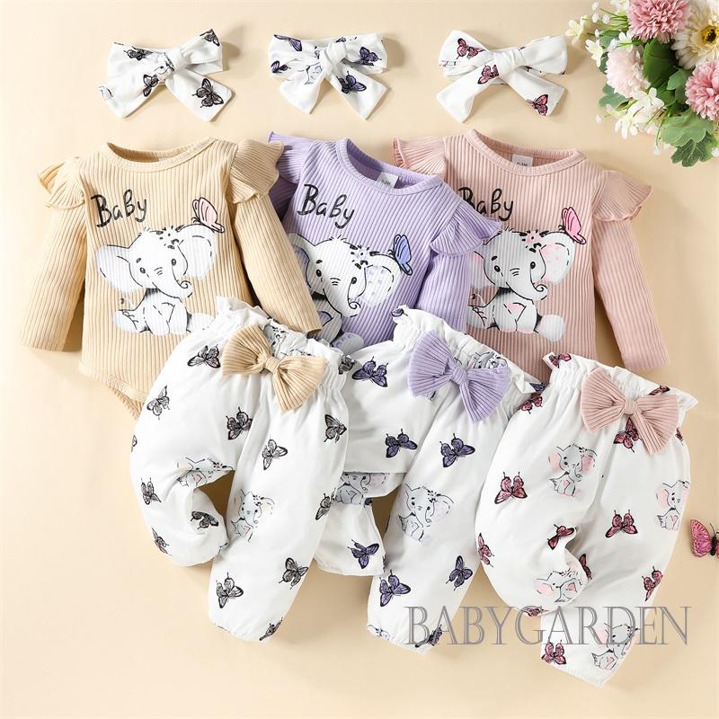 Bộ Áo Liền Quần Tay Dài In Hình Voi + Quần Dài + Băng Đô Cài Tóc Xinh Xắn Cho Bé Gái 0-18 Tháng Tuổi