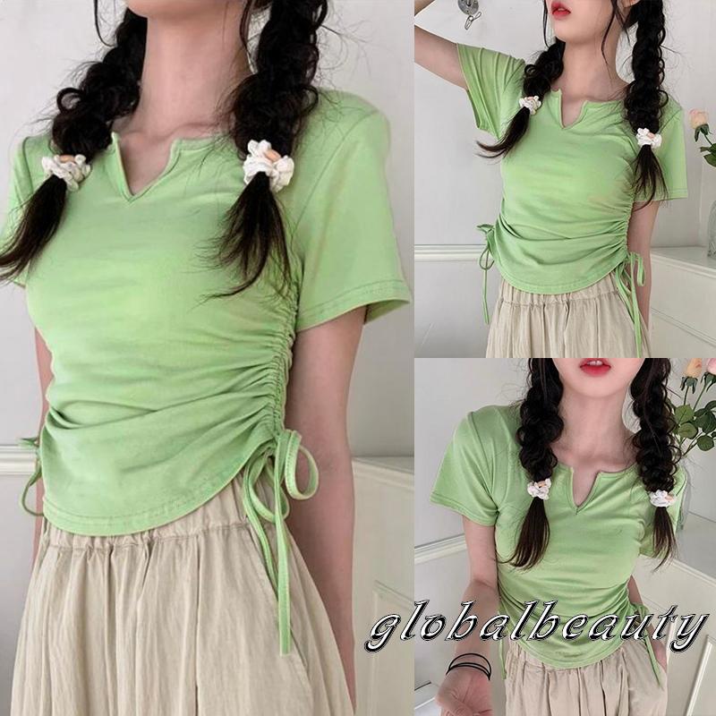 Áo Thun Tay Ngắn Cổ Chữ V Màu Sắc Đơn Giản Dành Cho Nữ