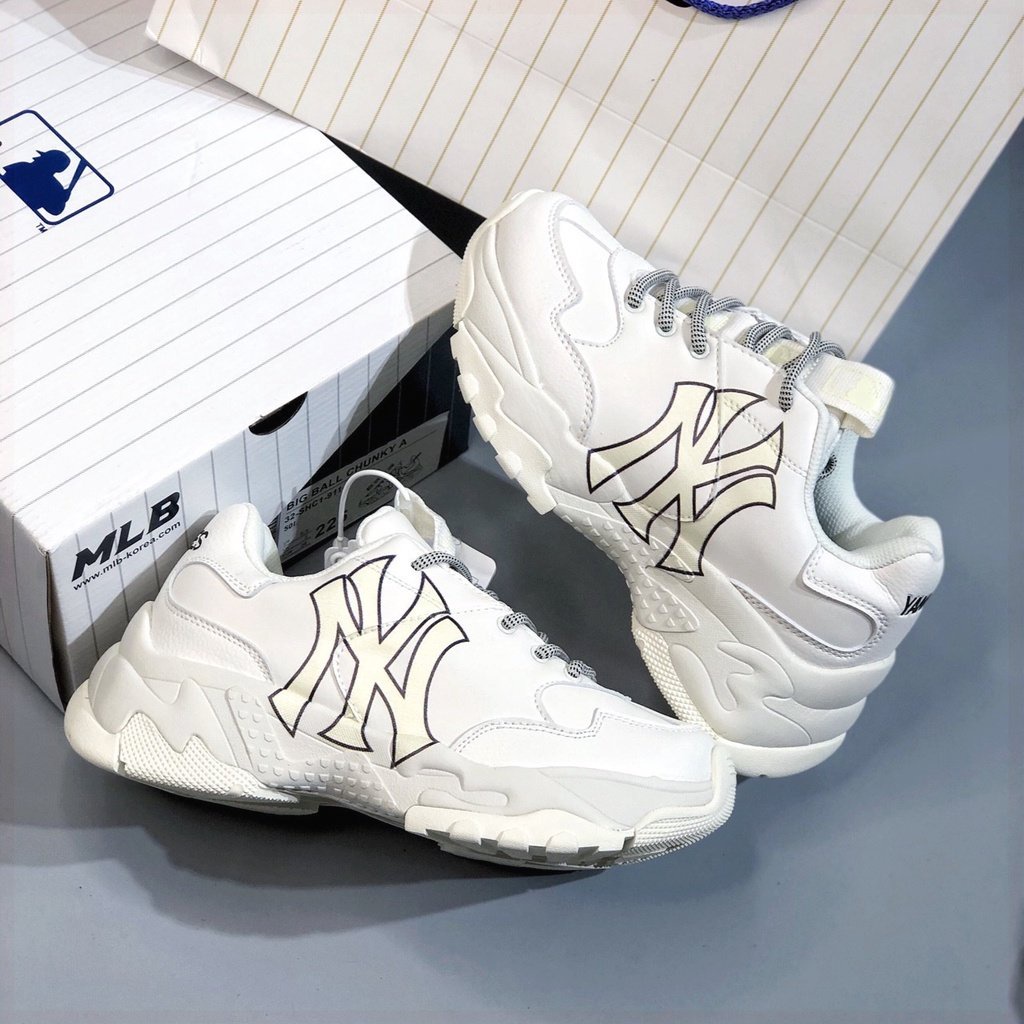 Giày Sneaker MLB Chunky NY Trắng, Giày Thể Thao Yankees Chữ Vàng Nam Nữ Da Bò Đế Độn 2 Lớp Cao Cấp Full Size D375