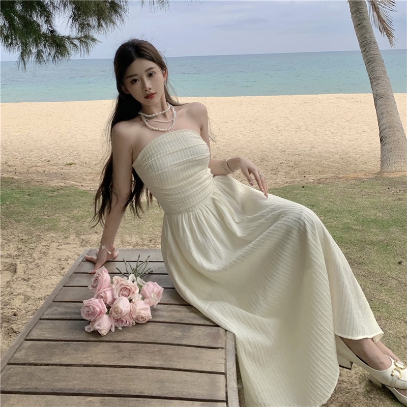 Đầm Dài Xếp Ly Eo Cao Màu Trơn Phong Cách Hàn Quốc Cho Nữ