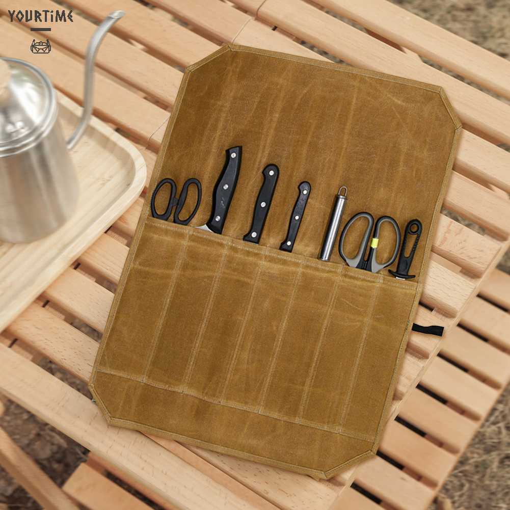 Túi Đựng Dao Nĩa 7 Ngăn Bằng Vải Bạt Dùng Khi Đi Cắm Trại Ngoài Trời