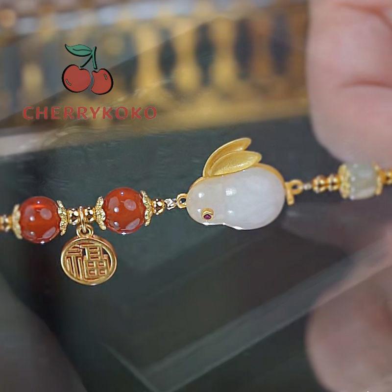 🍒🍒CHERRYKOKO Vòng Tay Xâu Hạt Đỏ May Mắn Hình Thỏ May Mắn Phong Cách Trung Hoa Dành Cho Nữ