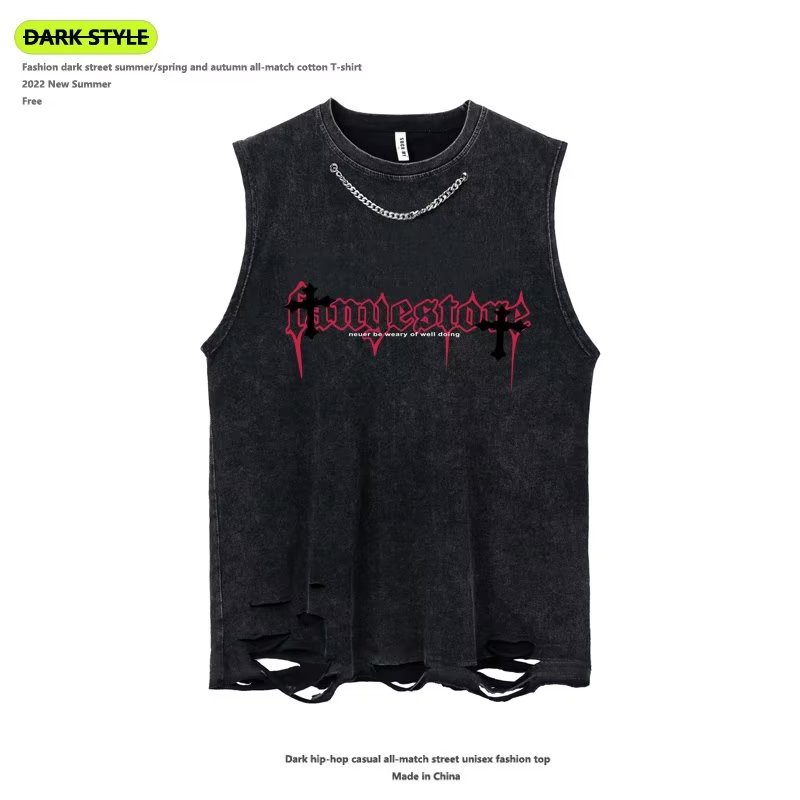 Áo Thun Cotton Không Tay Rách Gối Màu Trơn Phong Cách Hip Hop Đường Phố Âu Mỹ Cho Nam