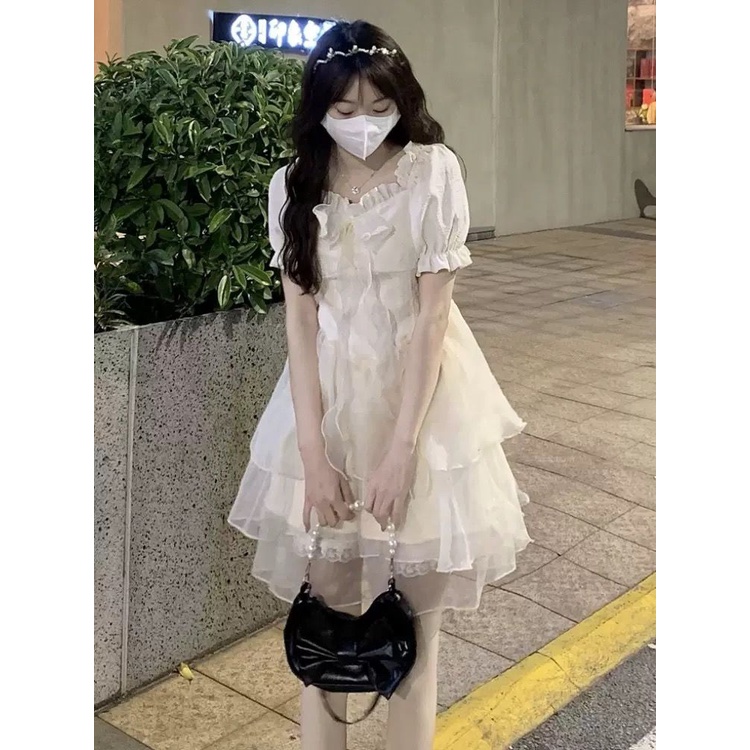 Đầm Cổ Vuông Tay Phồng Ngắn Dáng Ôm Phong Cách Hàn Quốc Thời Trang Mùa Hè Xinh Xắn Cho Nữ