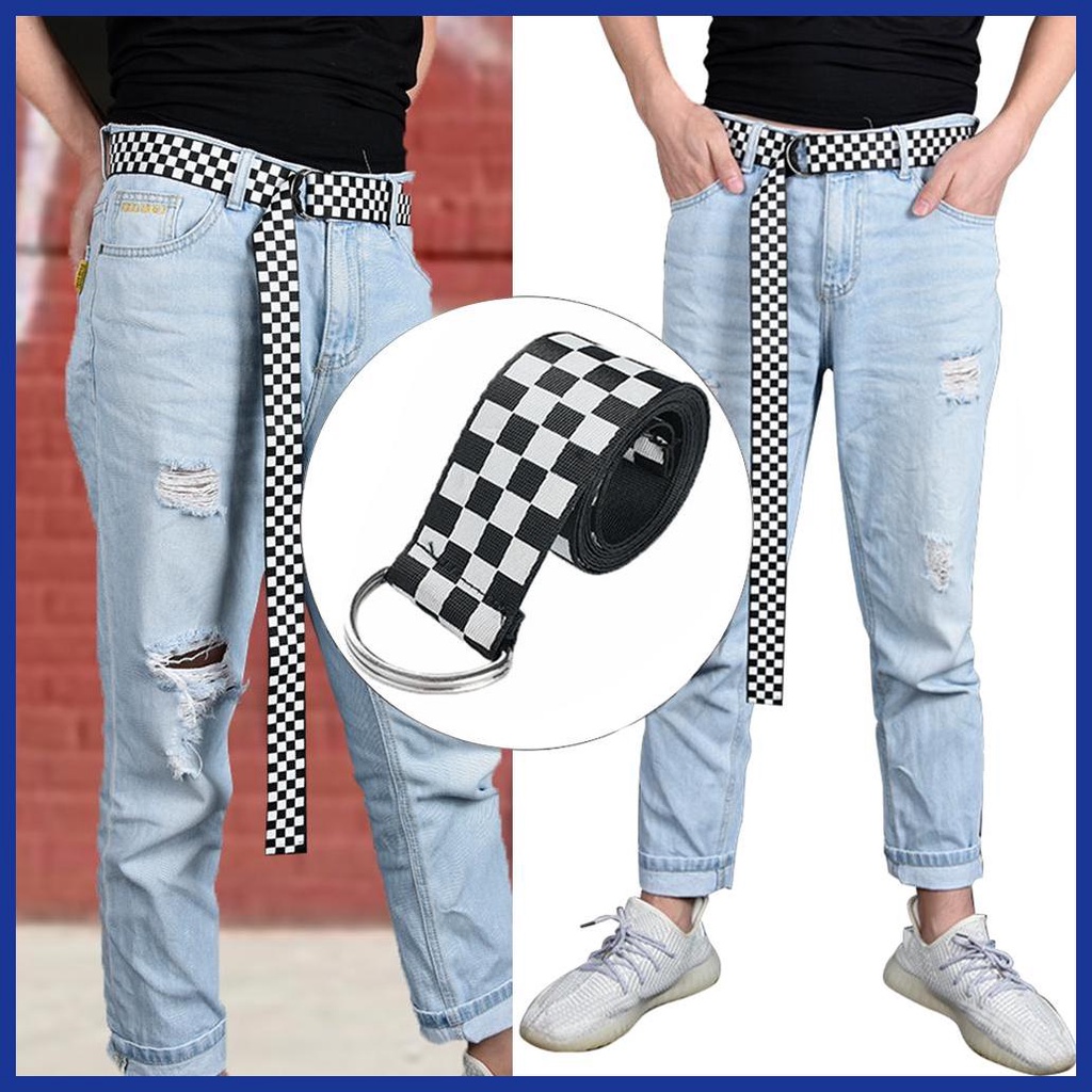 Thắt Lưng Vải Canvas Họa Tiết Kẻ Ô Vuông Trắng Đen 53.15inch Điều Chỉnh Được Thiết Kế Đơn Giản