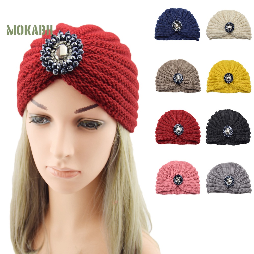 [Mok Abh] Mũ Beanie Sợi Acrylic Pha Lê Nhân Tạo Rộng Gấp Lại Được Dùng Hàng Ngày Dành Cho Bạn Nữ