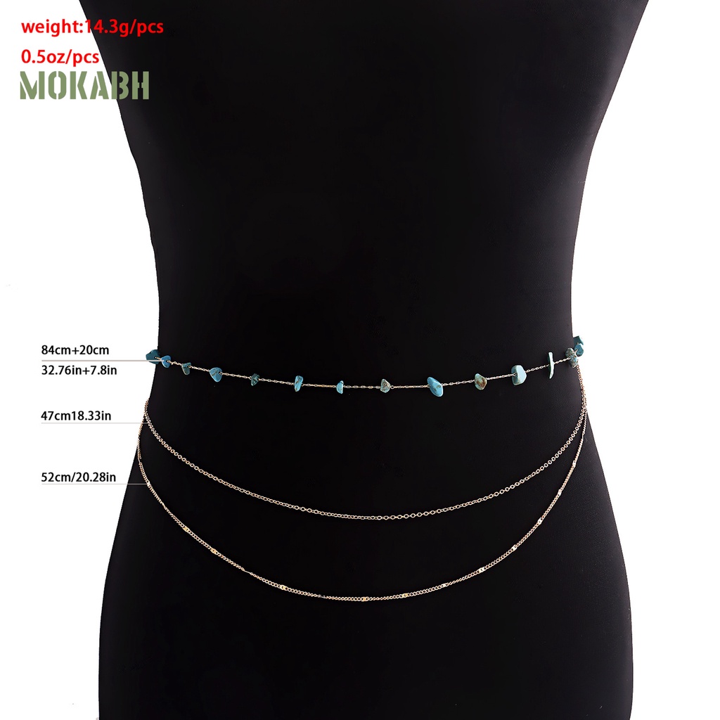 [Mok Abh] Vòng Thắt Lưng Nhiều Vòng Đính Đá Ngọc Lam Giả Phong Cách Bohemian Có Thể Điều Chỉnh Dùng