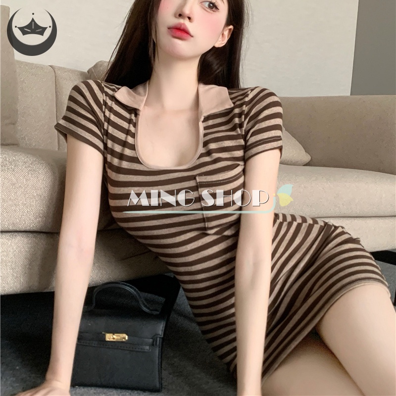 Đầm Tay Ngắn Cổ Chữ U Họa Tiết Kẻ Sọc Thời Trang Mùa Hè Cho Nữ