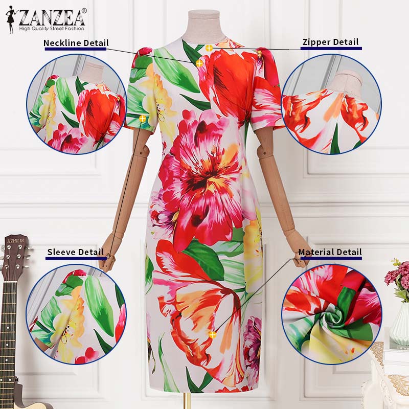 Đầm ZANZEA tay ngắn họa tiết hoa khóa kéo sau lưng thời trang Hàn Quốc cho nữ