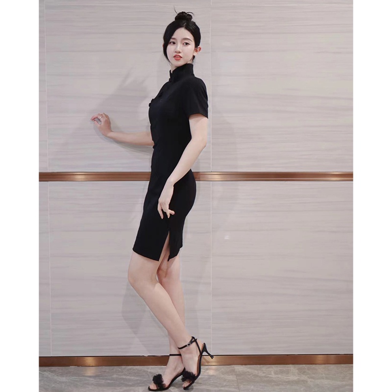 Đầm Sườn Xám Dáng Dài Ôm Eo Cài Nút Màu Đen Phong Cách Trung Hoa Cổ Điển Thời Trang Mùa Hè Cho Nữ