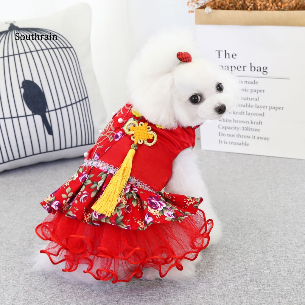 Đầm Hóa Trang Vải Tuyn Mềm Phối Tua Rua In Hoa Dễ Thương Cho Thú Cưng