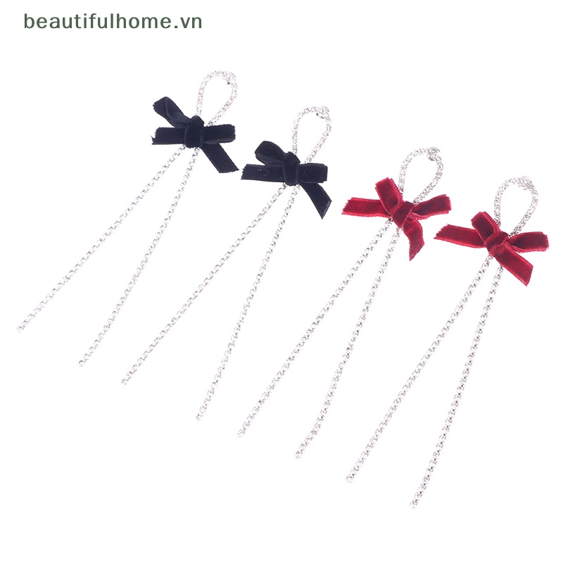 [beautifulhome] Bông Tai Kim Loại Dài Tua Rua Hình Nơ Đen Lấp Lánh Pha Lê Sáng Bóng [beauty]