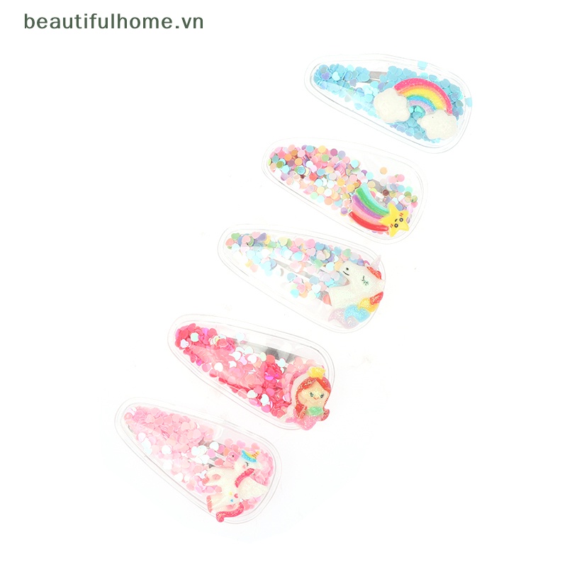 [beautifulhome] Set 5 Kẹp Tóc Mái Bên Họa Tiết Động Vật / Trái Cây / Cát Lún Lấp Lánh Dễ Thương [beauty]