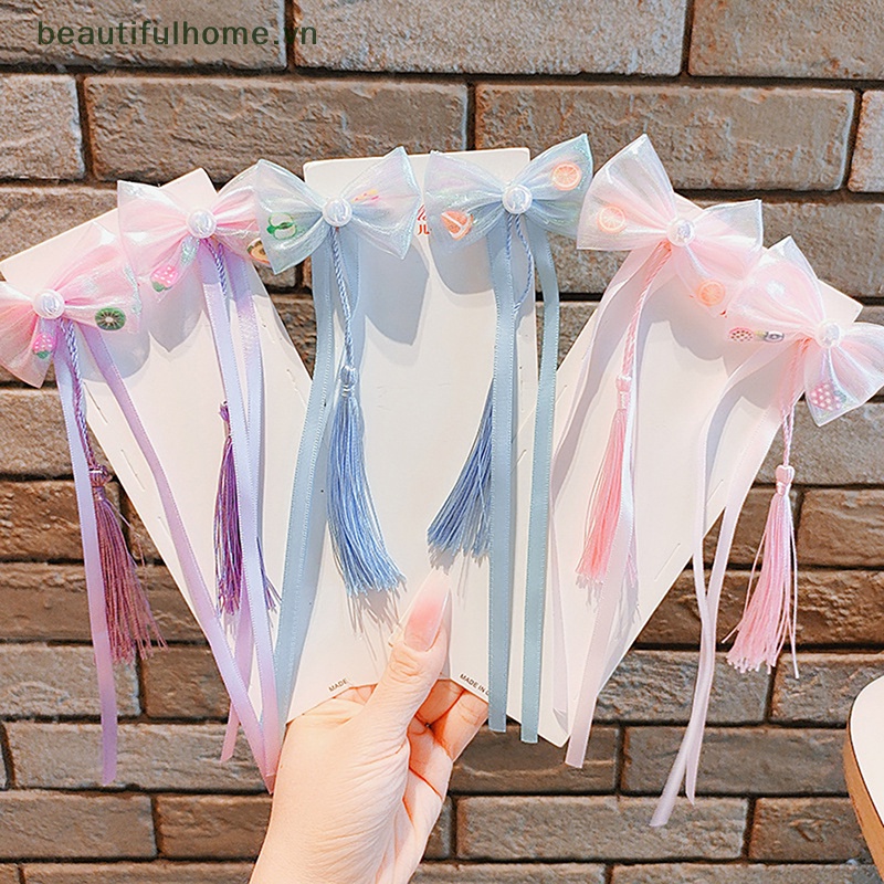 Bộ 2 Kẹp Tóc Nơ Phối Dây Ruy Băng Tua Rua Phong Cách Trung Hoa Dễ Thương Cho Bé Gái