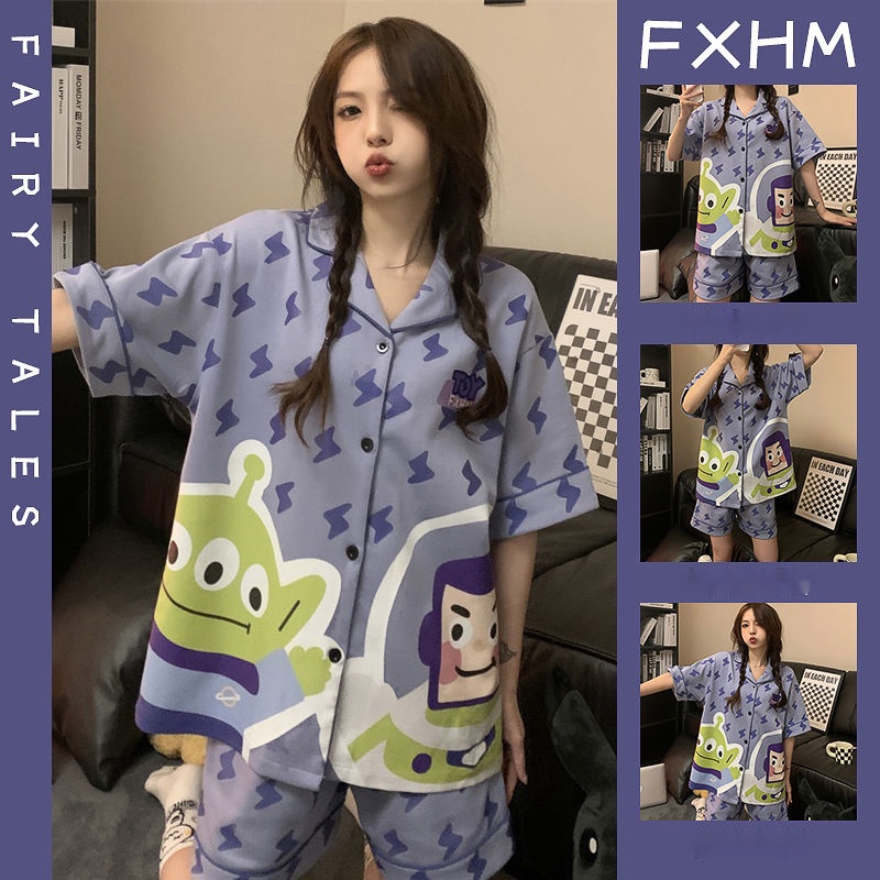 Bộ Đồ Ngủ Ngắn Tay Họa Tiết Hoạt Hình Người Ngoài Hành Tinh Thời Trang Mùa Hè Cho Nữ