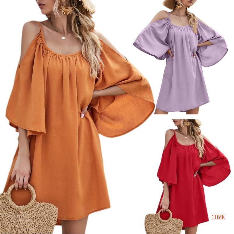 Đầm Mini Dáng Suông Hở Vai Màu Trơn Thời Trang Cho Nữ