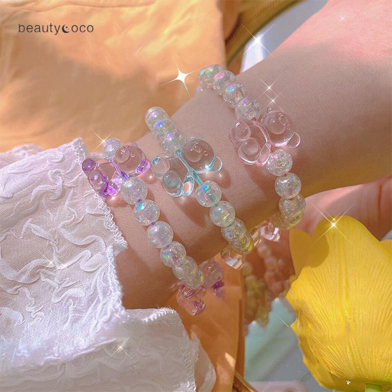 Beautycoco🍊Dây buộc tóc hình gấu đính hạt pha lê trong suốt màu kẹo dễ thương cho nữ