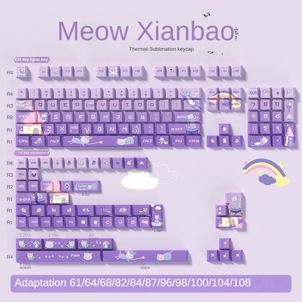 Bàn Phím Cơ PBT 68 In Họa Tiết Hoạt Hình Mèo / Lâu Đài Xinh Xắn