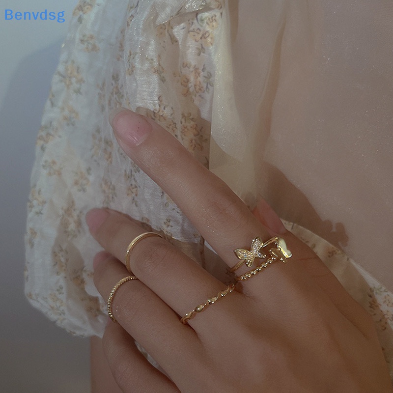 Bộ 4 Nhẫn Hình Tròn Họa Tiết Bướm Màu Bạc Tùy Chỉnh Thời Trang Cho Nữ