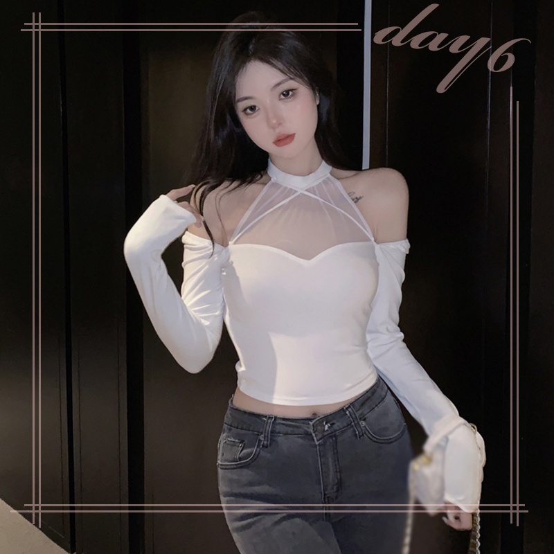 Áo Croptop Tay Dài Phối Lưới Màu Sắc Thanh Lịch Cho Phái Nữ