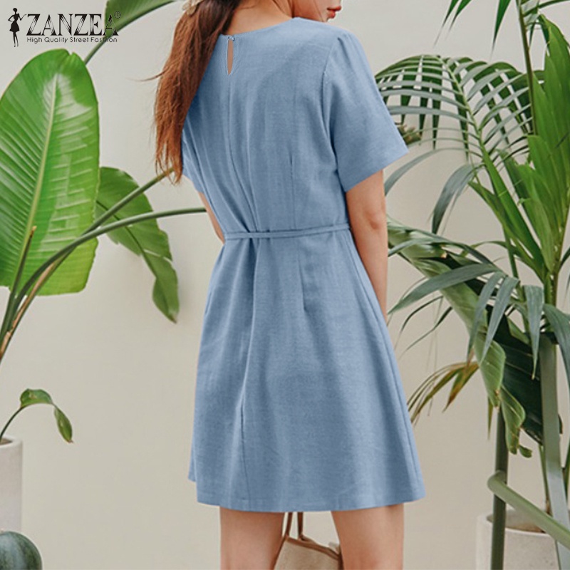 Zanzea Đầm Nữ Ngắn Tay Cổ Tròn Thời Trang Hàn