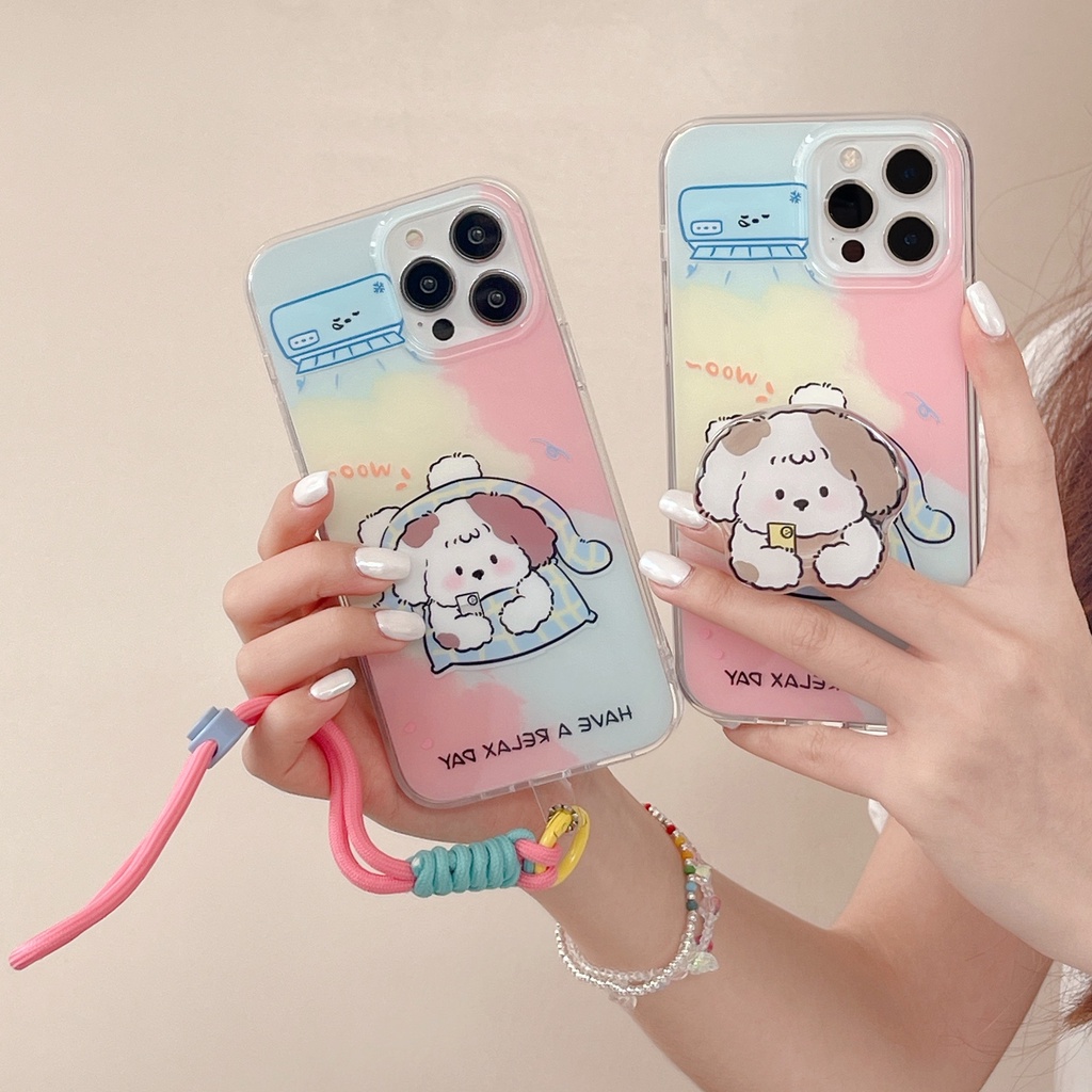 Ốp Điện Thoại TPU Mềm Trong Suốt Chống Sốc In Hình Chú Chó Hoạt Hình Có Giá Đỡ Và Dây Đeo Cổ Tay Cho iPhone 11 13 12 14 Pro Max
