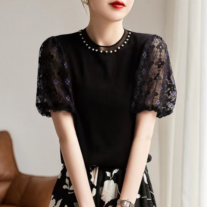 Áo Len Dệt Kim Tay Ngắn Phồng Cổ Tròn Đính Hạt Phối Ren Thanh Lịch Thời Trang Mùa Thu Hàng Mới Dành Cho Bạn Nữ Q