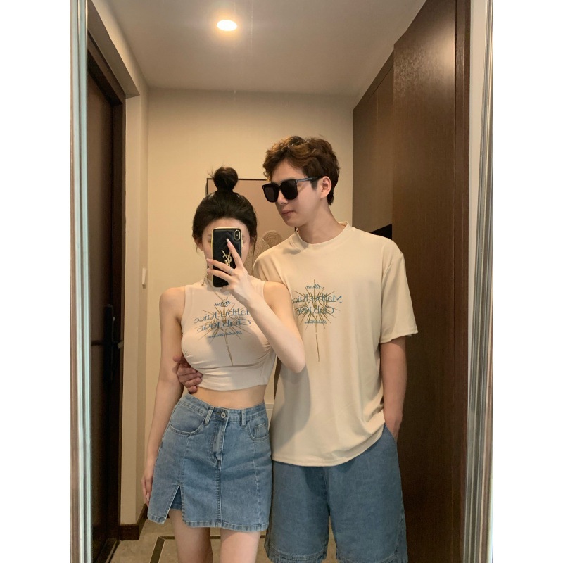 đồ đôi Set Áo Thun Ngắn Tay Và Váy Denim Chữ I Thời Trang Mùa Hè Cho Cặp Đôi croptop