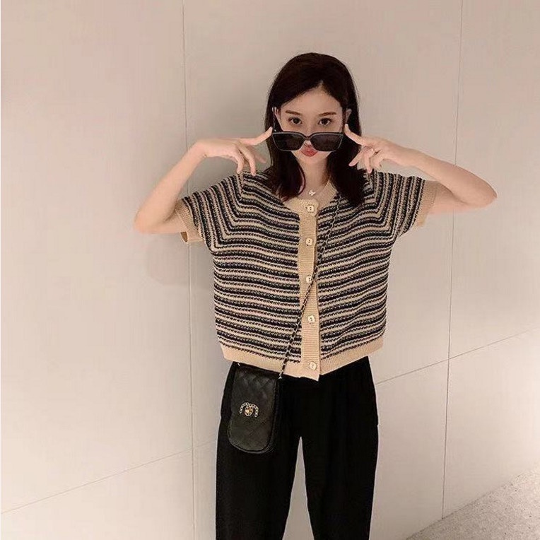 COZOK Áo Thun Dệt Kim Ngắn Tay Cổ Tròn Kẻ Sọc Kiểu Vintage Cá Tính