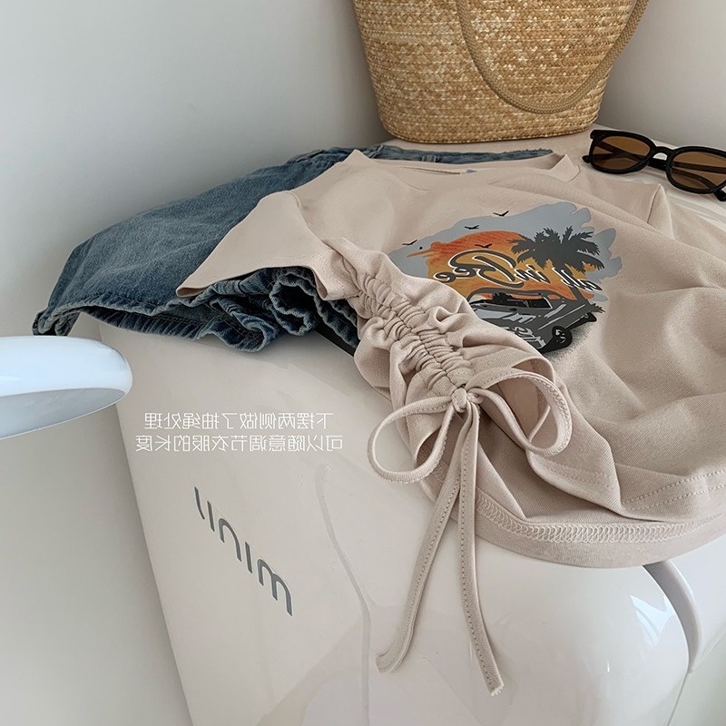 Áo Thun Tay Ngắn Phối Dây Rút In Họa Tiết Phong Cách Retro Mỹ Thời Trang Mùa Hè Cho Nữ