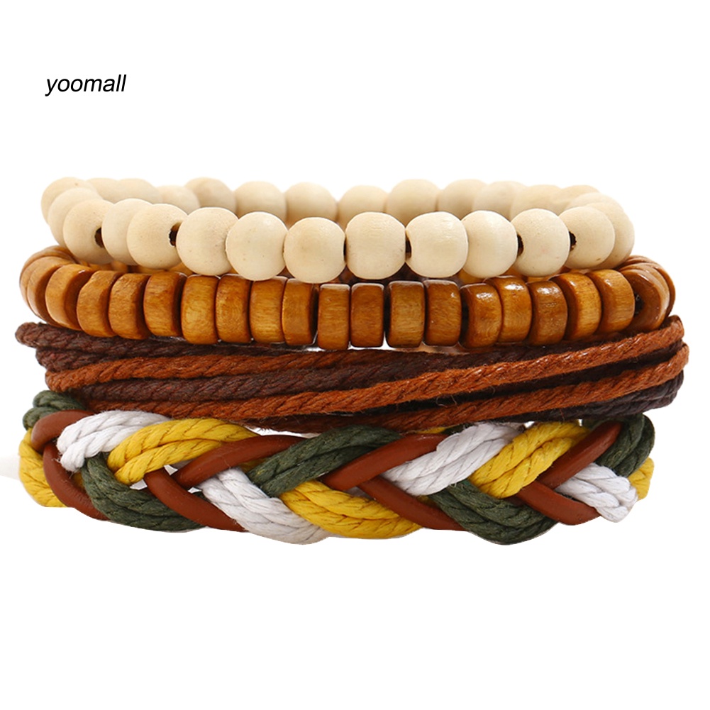 Set 4 Vòng Tay Da Bện Đính Hạt Gỗ Phong Cách Vintage Cho Nữ