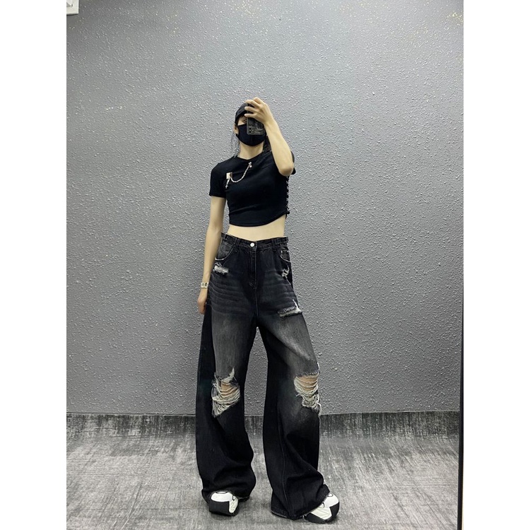 Quần Jean Rách Lưng Cao Ống Rộng Phong Cách Đường Phố Mỹ Thời Trang Mùa Hè Cho Nữ