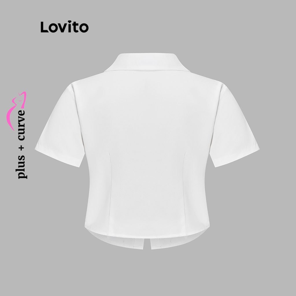 Lovito Áo sơ mi cơ bản cổ trơn có đường cong ngoại cỡ thanh lịch dành cho nữ LPS11007 (Trắng)