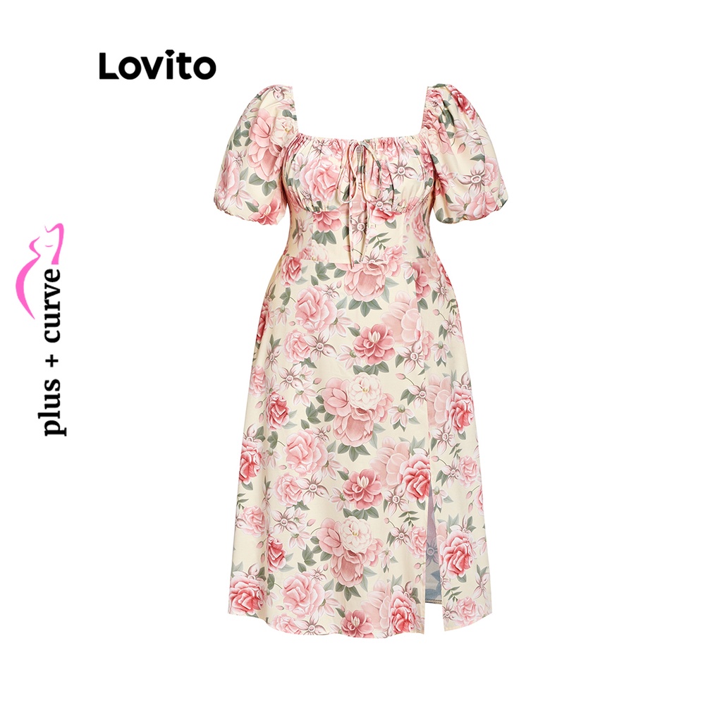 Lovito Váy xếp nếp họa tiết hoa giản dị có đường cong cỡ lớn cho nữ LPS11064 (Hồng)