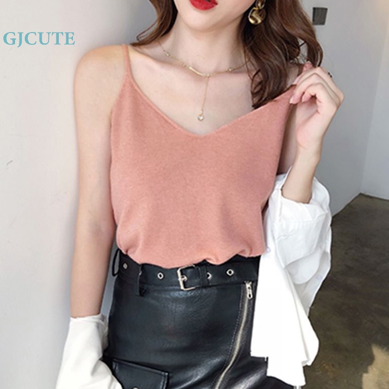 Áo Hai Dây Dệt Kim Cổ Chữ V Màu Trơn Dáng Rộng Thời Trang Mùa Hè Cho Bạn Gái