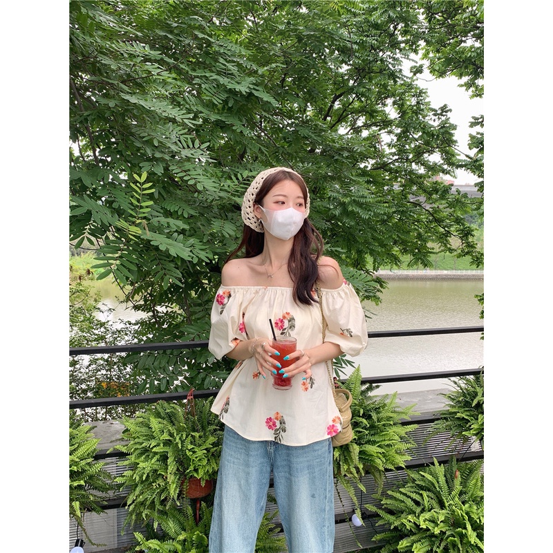 SUXI Áo Sơ Mi Tay Ngắn Trễ Vai Dáng Rộng Thêu Hoa Thời Trang Mùa Hè Phong Cách Hàn Quốc