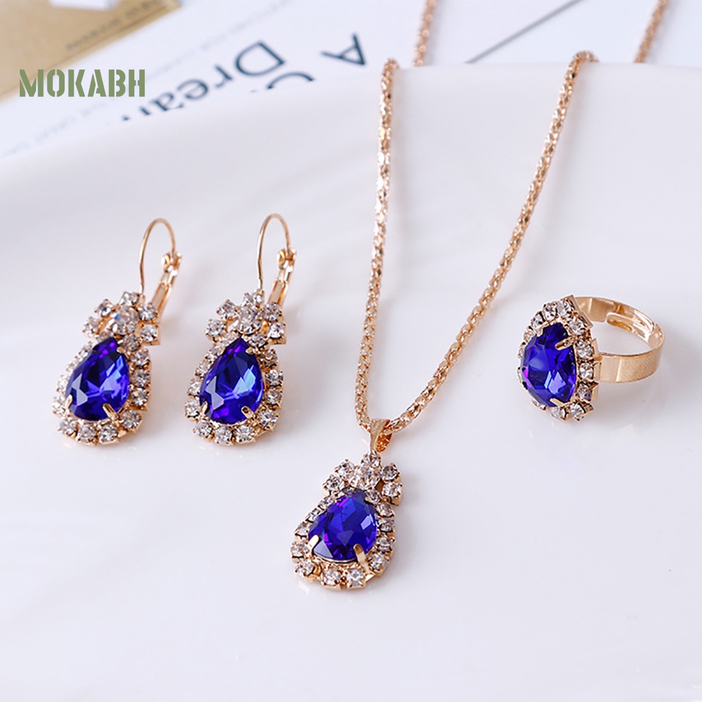 [Mok Abh] Set Vòng cổ + Nhẫn + Bông Tai Hình Giọt Nước Đính Đá Lấp Lánh Thời Trang Dự Tiệc Cho Nữ