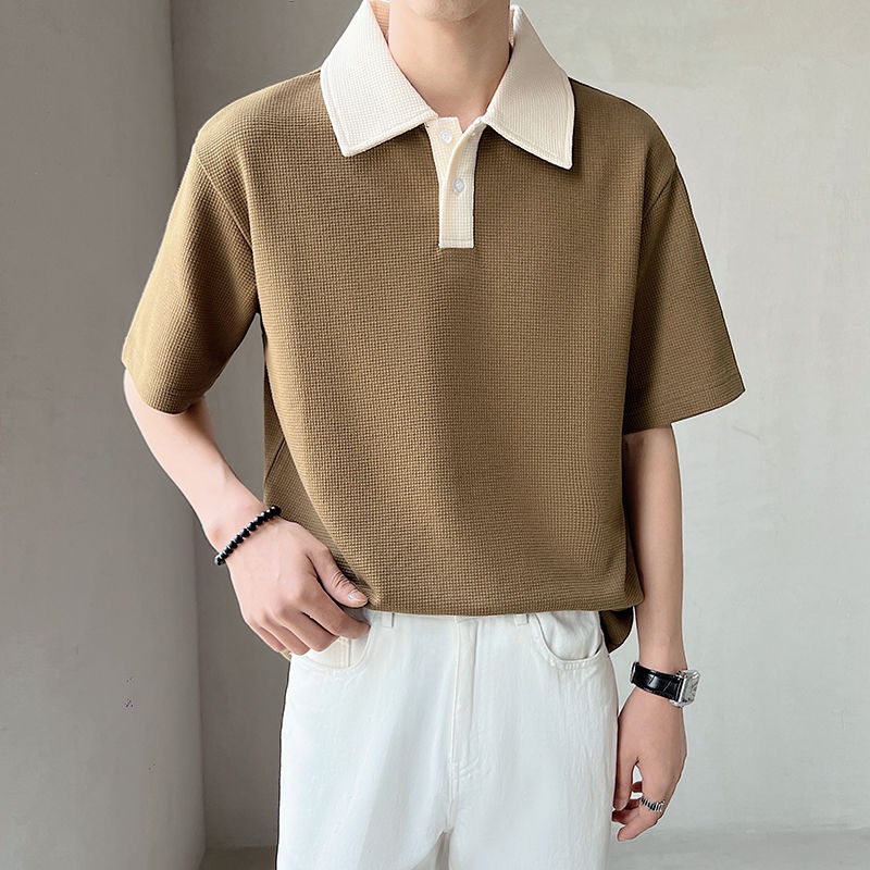 BEFOYI Men's Polo Shirt Waffle Summer Loose Casual Korean Button Collar Khaki Plus Size M-4XL