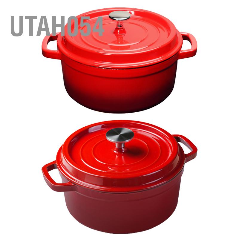 Utah054 Nồi tráng men Stockpot sắt có nắp Tay cầm vòng lặp kép gang cho nhà bếp gia đình Đỏ