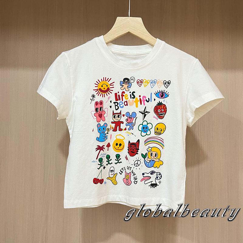 Áo Thun Tay Ngắn Cổ Tròn In Họa Tiết Hoạt Hình Phong Cách Đường Phố Cho Nữ