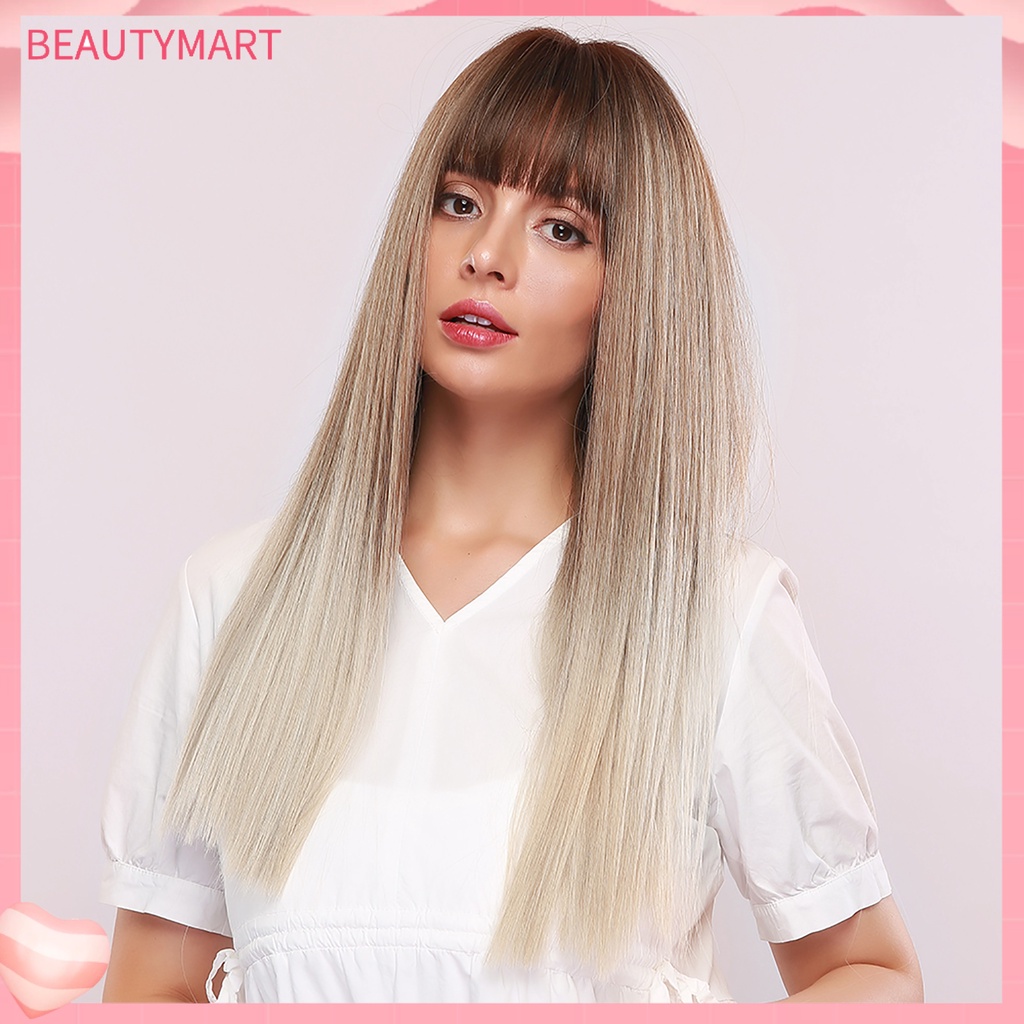 Bộ Tóc Giả Dài Thẳng Tự Nhiên 24 Inch Chịu Nhiệt Kèm Mái Bằng Sợi Tổng Hợp Dành Cho Nữ