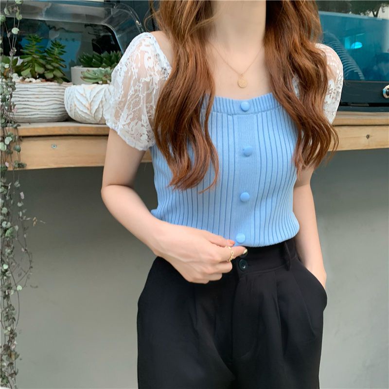 Áo Sweater Cổ Vuông Tay Ngắn Phối Ren Dáng Ôm Thời Trang Mùa Hè 2023 Phong Cách Hàn Quốc Cho Nữ