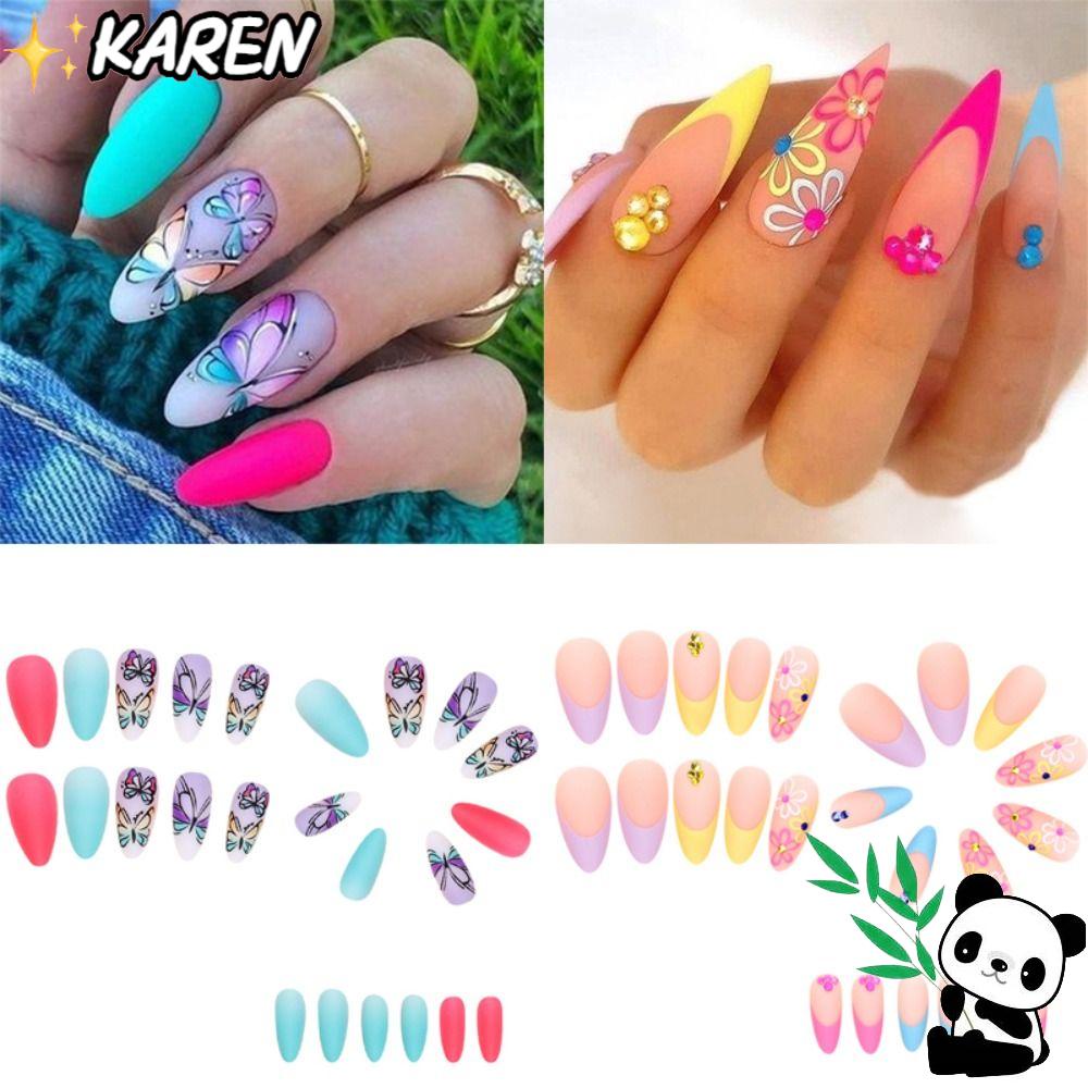 KAREN Bộ Móng Tay Giả Đầu Nhọn Có Thể Tháo Rời Độ Dài Trung Bình Che Phủ Toàn Diện Cho Nữ
