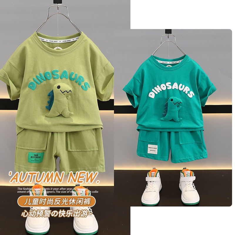 Bộ Áo Thun Cotton Tay Ngắn In Hình Khủng Long + Quần Short Thời Trang Mùa Hè 2023 Mới Cho Bé Trai