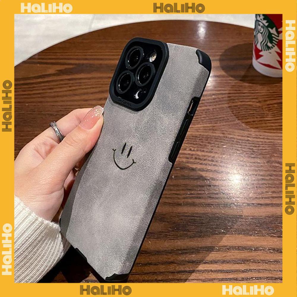 Ốp Lưng iPhone 11 Vỏ Da Veneer Màu Xám Vỏ Lông Học Trò Mềm Vỏ Điện Thoại Chống Sốc Biểu Tượng Cảm Xúc Nhỏ Mặt Cười Đơn Giản Tương thích với iPhone 14 Pro max 13 Pro max 12 Pro Max XR XS 7Plus 8Plus