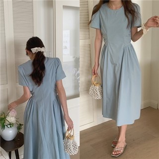 Đầm Midi Chữ A Tay Ngắn Cổ Tròn Xếp Ly Màu Sắc Tinh Khiết Thời Trang Mùa Hè Cho Nữ