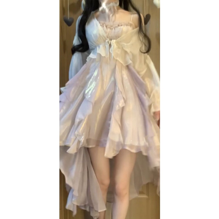 Đầm Hai Dây Dáng Ngắn Phối Bèo Màu Gradient Phong Cách Pháp LH2R