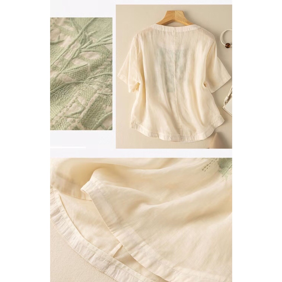 Áo Thun Cotton Lanh Mỏng Dáng Rộng Thêu Họa Tiết Kiểu Retro Thời Trang Mùa Hè Cho Nữ